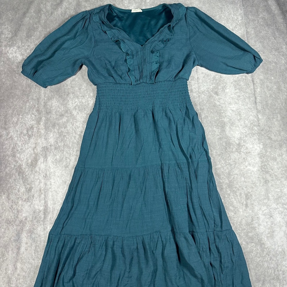 Jolie Womens Dark Teal Rayon Ruffle V-Neck Smocked Tiered Peasant Midi‎ Dress